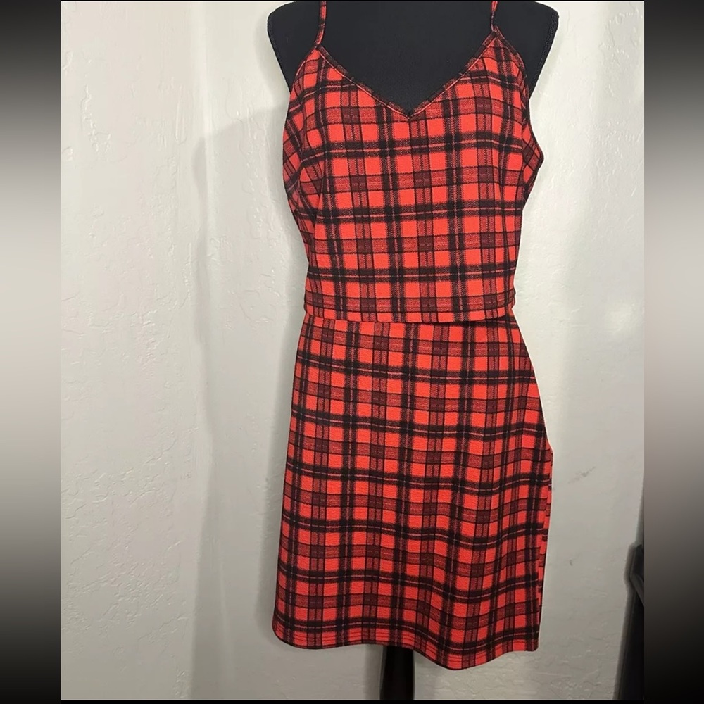 Womens Red Plaid Grunge Alternative 2pc Cropped Top And Skirt Set Shein 2XL